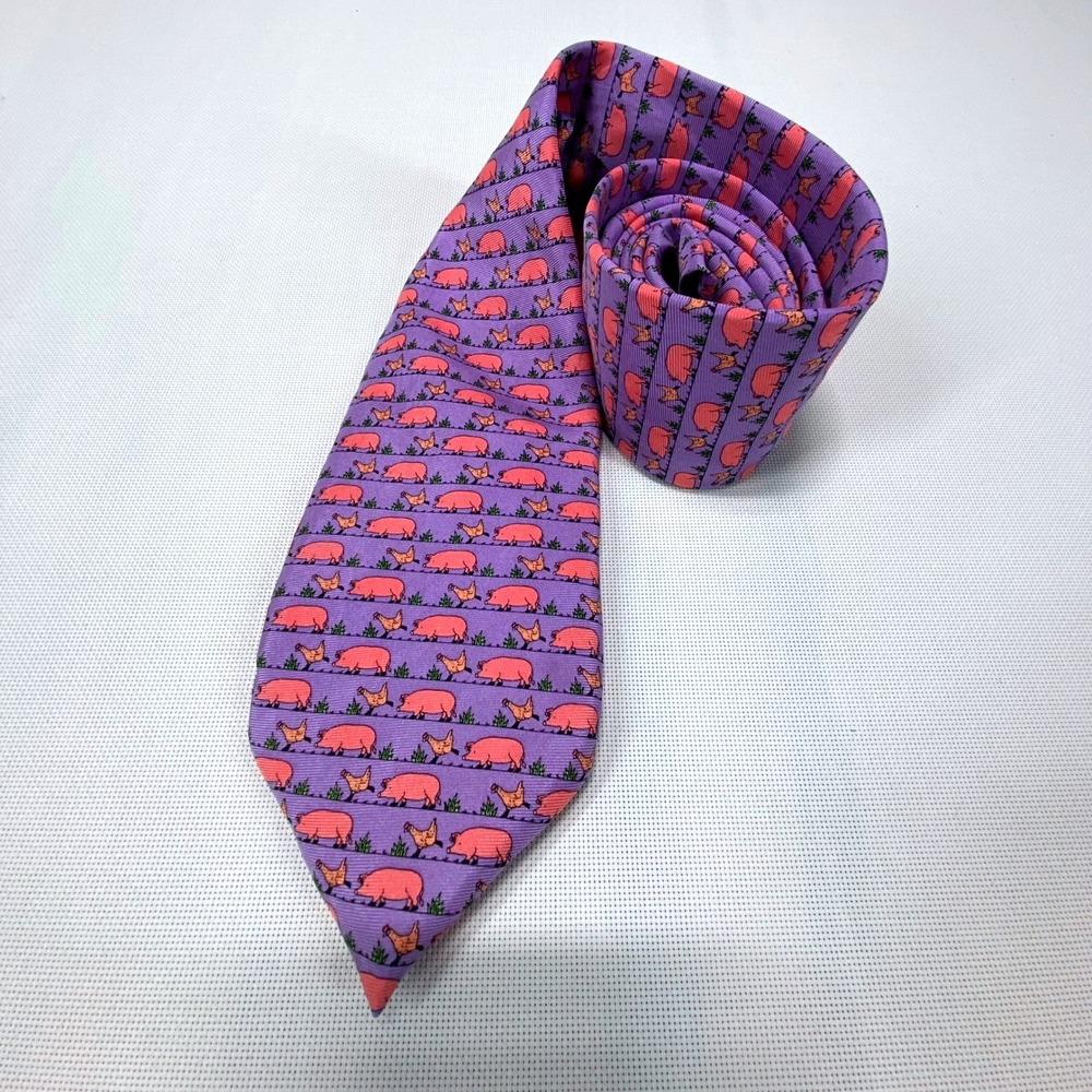 Peter-Blair Purple Silk Tie Pigs & Chickens Farm Animal‎ Novelty Print